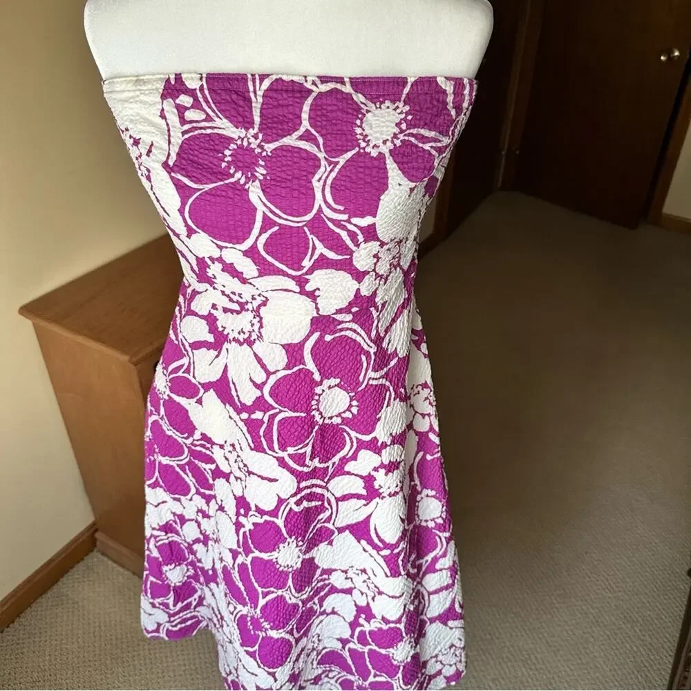 J. Crew Hawaii Orchid Strapless Seersucker Cotton Dress in Purple and White